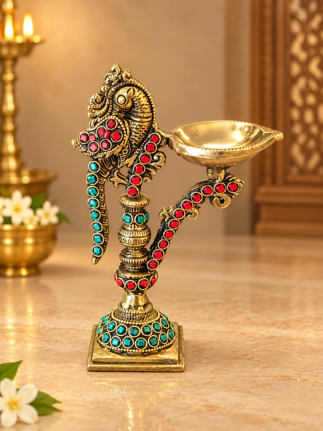 Parrot Vilakku ( Red and Green stone work)
