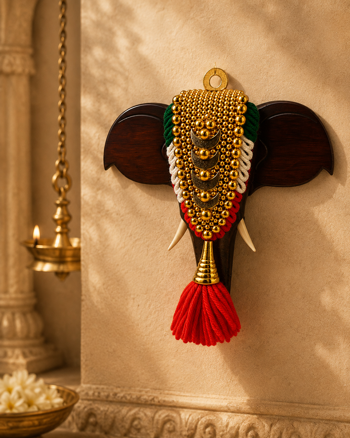 Rosewood Elephant Head Wall Hanger with Nettipattam