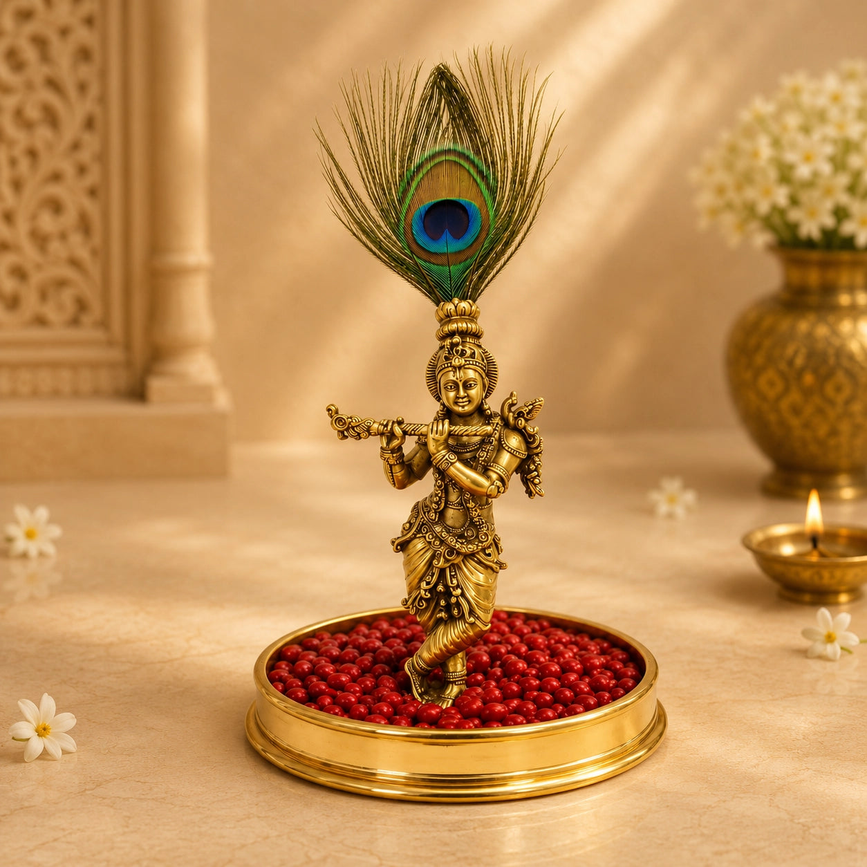 Elegant Bronze Krishna statue With Uruli