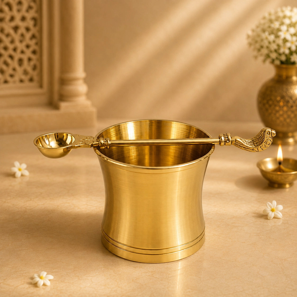Brass Panchapathram with Uthirani (Damru)